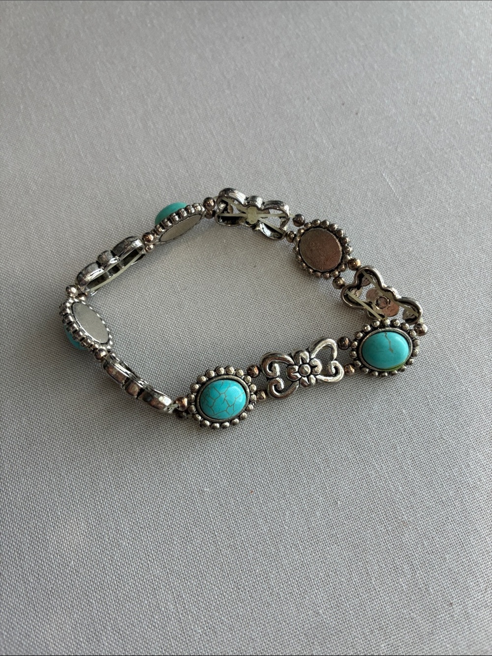 Silver Floral Bracelet with Turquoise Cabochons - Women's Jewelry
